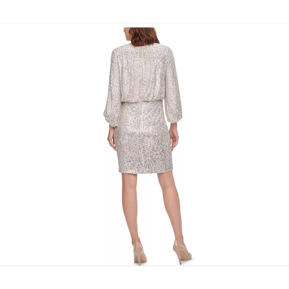 ELIZA J Silver Stretch Sequined Zip Blouson Sleeve Cocktail Blouson Dress Sz. 10 - Picture 3 of 11
